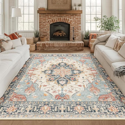 RELEANY Area Rugs Square 8ft Washable Non-Slip, Floral Vintage Distress Print Pattern Medallion Carpet for Living Room Bedroom Dining Room, Beige Navy Blue Orange Colorful