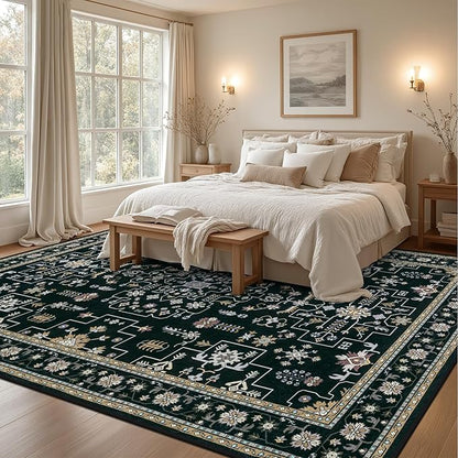Area Rugs 10x14 Living Room Rug: Washable Rug Soft Vintage Boho Medallion Carpet Indoor Floor Non-Slip Stain Resistant Large Carpets for Bedroom Dining Room Farmhouse Nursery Home Office Black