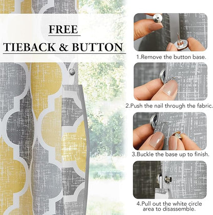 Beauoop 100% Blackout Curtains 96 Inches Long for Patio Sliding Door Yellow Grey Extra Wide Moroccan Geo Room Darkening Thermal Soundproof Room Divider Grommet Window Treatment Drapes,100x96 Set of 1