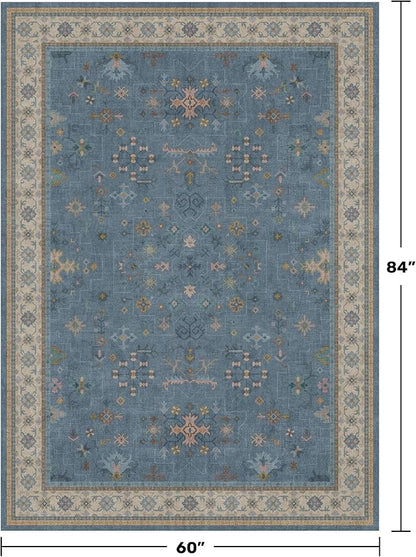 Washable 5x7 Blue Rugs for Kids Room, Boho 5 x 7 Nursery Rug Boys, Colorful Eclectic Low-Pile Carpet for Bedroom, Dining Table, Non-Slip with Rubber Back