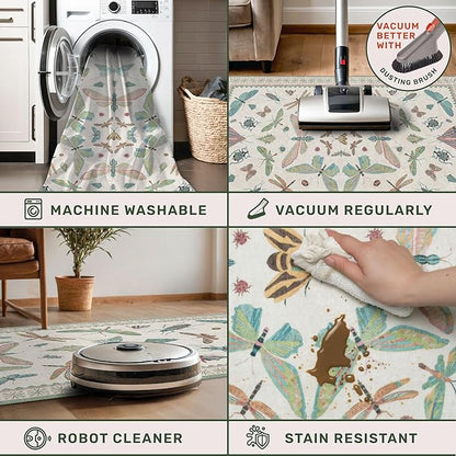 Washable Sage Green Large Entryway Rug, 3x4 Area Rugs for Laundry Room, Kitchen, Bedroom, Dorm, Insect Print Vintage Floral Non-Slip Throw Rug Low Pile Stain Resistance