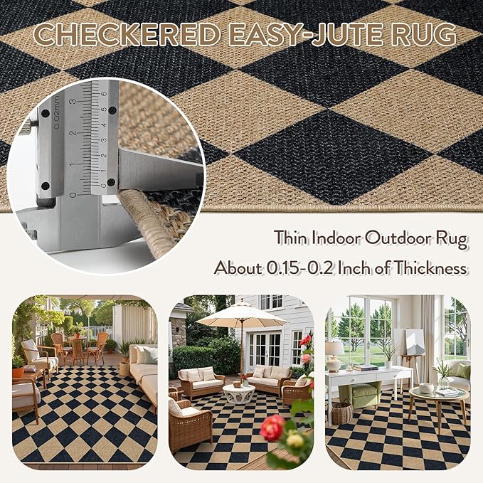 Lahome Colette Checkered Easy Jute Area Rug 8x10, Large Living Room Patio Rug Checkerboard Indoor Outdoor Carpet, Farmhouse Geometric Non Slip Black Carpet for Backyard Dining Room