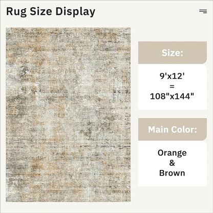 9x12 Area Rugs for Living Room, Non-Slip Machine Washable Vintage Rugs, Abstract Low Pile Lightweight Large Rug for Bedroom, Dining Room, Home Office Orange