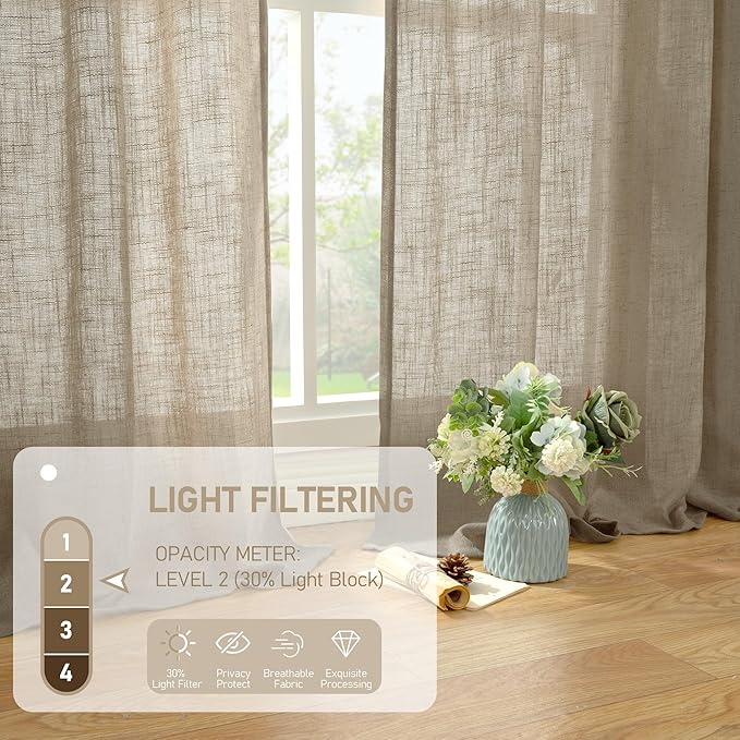 LAMIT 36 Inch Length Linen Curtains for Small Windows, Semi Sheer Light Filtering Panels Back Tab and Rod Pocket Country Decor Drapes for Basement/Kitchen, Taupe, 2 Panels, 34 x 36 Inch