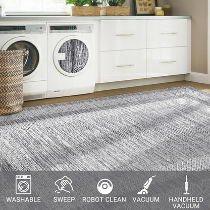 GarveeHome 2x6 Modern Bordered Runner Rug Soft Non Slip Washable Floor Carpet Distressed Geometric Hallway Indoor Printed Rug for Kitchen Entrance, Gray