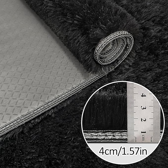 2x6 Bedside Area Rugs for Bedroom Soft Fluffy Shag Black Rug for Hallway Non-Slip Fuzzy Plush Living Room Rug Indoor Floor Carpet for Kids Rooms Dorm Nursery Modern Home Aesthetic Decor