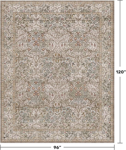 Hazo Haus Vintage Moss Green Living Room Rug, Neutral Taupe 8x10 Washable Area Rugs for Bedroom, Dining Room Rugs Under Kitchen Table, Oriental Low Pile Stain Resistant Non-Slip Large Rug