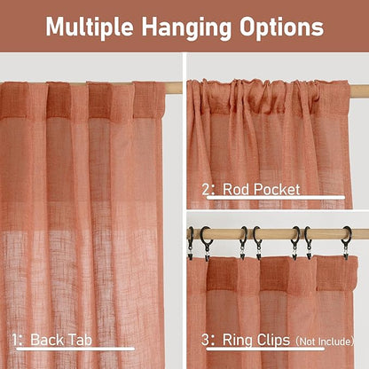 LAMIT Linen Semi Sheer Curtains 96 inches Long 2 Panels Set, Light Filtering Panels Back Tab and Rod Pocket Floor to Ceiling Curtains for Bedroom/Living Room, Terracotta, 52 x 96 Inch