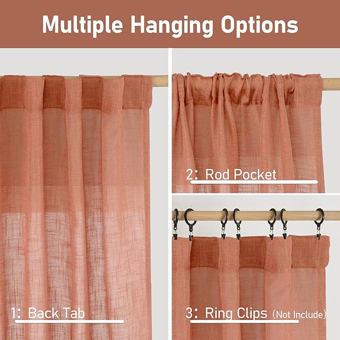 LAMIT Terracotta Linen Curtains 90 Inch for Living Room, Fall Western Decor Panels, Back Tab and Rod Pocket Boho Burnt Orange Rustic Drapes for Bedroom, Set of 2, 52 x 90 Inch