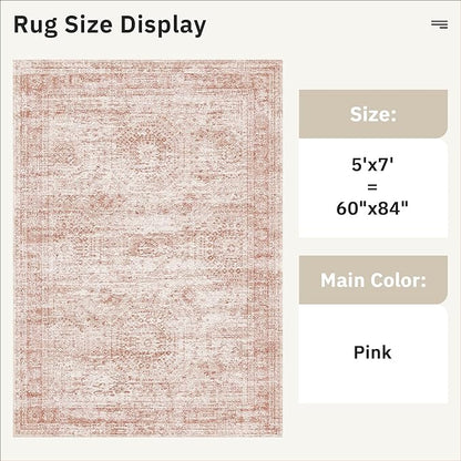 5x7 Area Rugs Pink Low Pile Indoor Washable Trendy Faded Style Rugs for Bedroom Living Room Dining Room Foldable Non-Slip Thin Print Mat