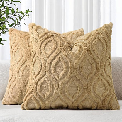 decorUhome Throw Pillow Covers 16x16 Inch Set of 2, Soft Plush Faux Wool Khaki Solid Couch Pillow Covers, Accent Farmhouse Neutral Square Pillow Cases for Sofa Bed Living Room