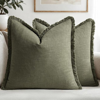MIULEE Decorative Throw Pillow Covers Neutral Linen Fringe Throw Pillows Set of 2 Olive Green Boho Farmhouse Cushion Covers with Tassels for Couch Sofa Bed Living Room Spring Home Decor 20x20 Inch