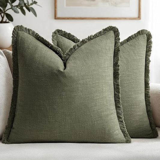 MIULEE Decorative Throw Pillow Covers Neutral Linen Fringe Throw Pillows Euro Shams Set of 2 Olive Green Boho Farmhouse Cushion Covers for Couch Sofa Bed Living Room Spring Home Decor 26x26 Inch