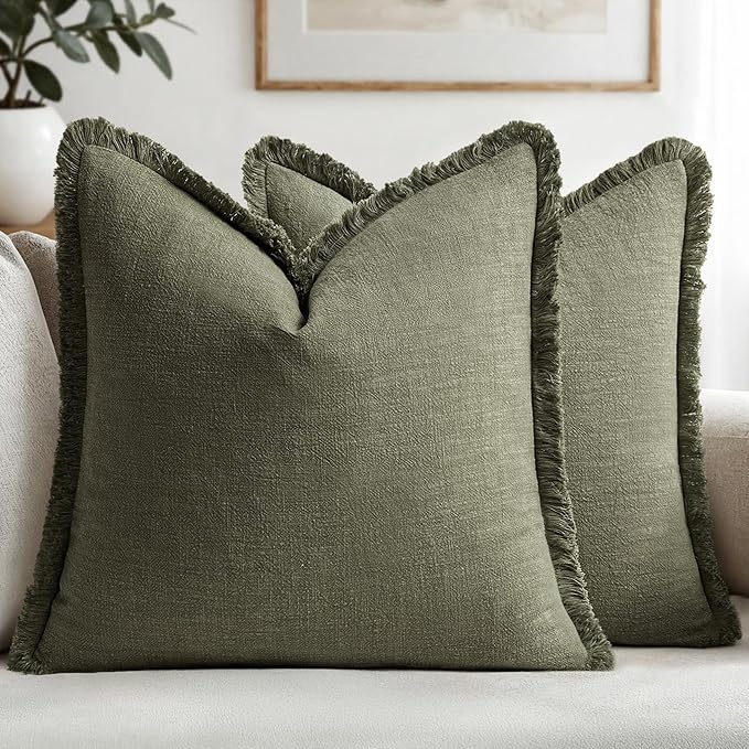 MIULEE Decorative Throw Pillow Covers Neutral Linen Fringe Throw Pillows Set of 2 Olive Green Boho Farmhouse Cushion Covers with Tassels for Couch Sofa Bed Living Room Spring Home Decor 16x16 Inch