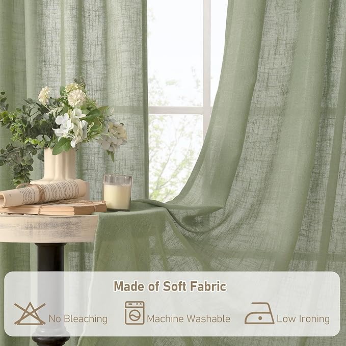 LAMIT Semi Sheer Linen Curtains 45 Inches Long 2 Panels, Sage Green Light Filtering Panels Back Tab and Rod Pocket Neutral Drapes for Kitchen/Window/Bedroom, 52 x 45 Inch