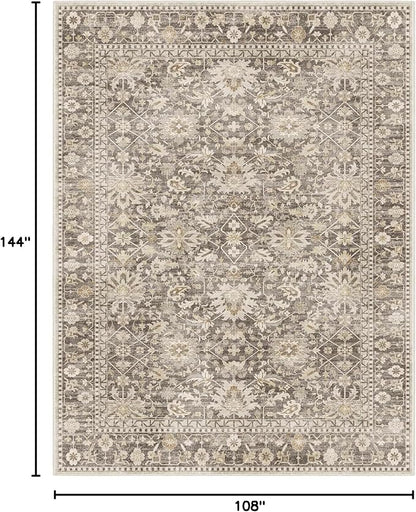 9X12 Area Rugs Machine Washable Rugs for Living Room Bedroom Hallway, Non Slip Indoor Soft Accent Distressed Boho Vintage Print Lightweight Thin Low Pile Carpet (Coffee, 9x12)
