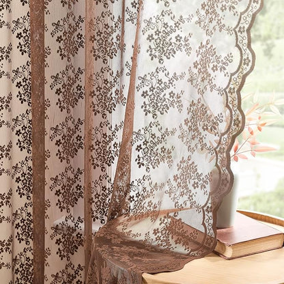 YJ YANJUN Vintage Lace Curtains 72 Inches Long- Country Brown Floral Curtains for Home Office Living Room 2 Panels, Earthy Embroidered Texture, Privacy Rustic Cottage Core Neutral Decor W52 X L72