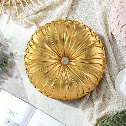 HIG Set of 2 Handcrafted Gold Ruched Round Throw Pillows – 14.5’’ Metallic Leather Decorative Pillows with Soft Polyester Filling for Couch, Bed, Living Room, Bedroom, or Dorm