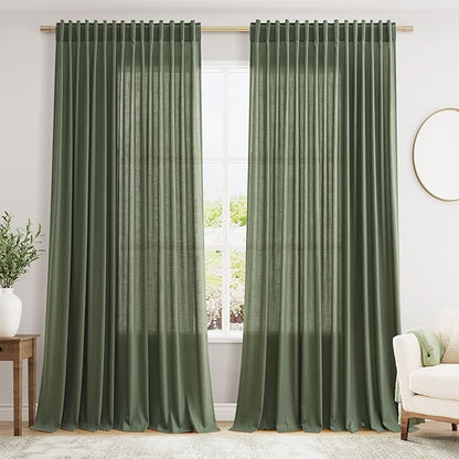 Nanspring Extra Wide Linen Curtains for Living Room 108 Inch Length for Room Divider Olive Green Rustic Farmhouse Drape Rod Pocket Back Tab Light Filtering Bedroom Window Curtain for Sliding Door