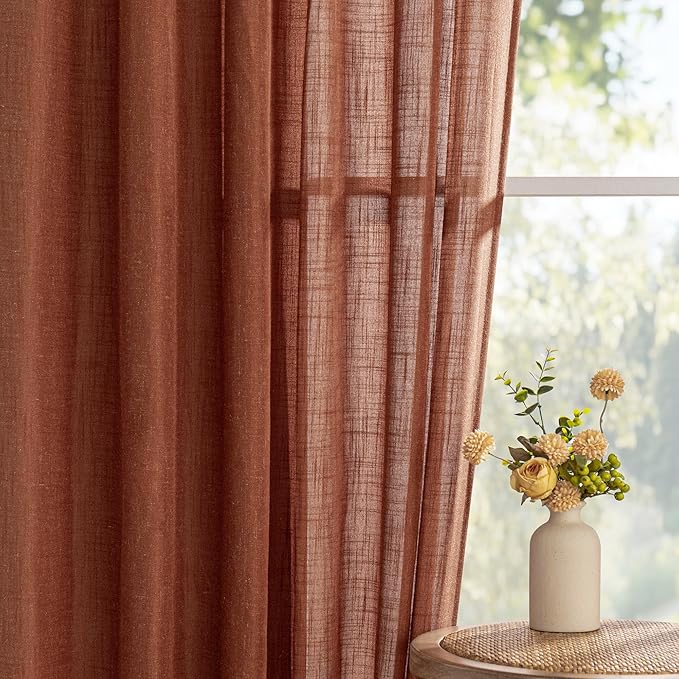 MYSKY HOME Curtains for Living Room 84 Inches Long Light Filtering Semi Sheer Curtains Bedroom Window Drapes Privacy Back Tab Farmhouse Rustic Boho Modern Country, Terracotta, 50" x 84", 2 Panels