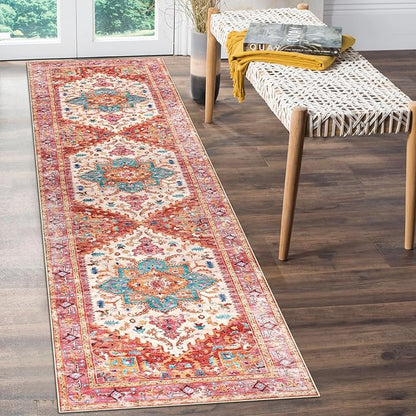 Yamaziot Washable Runner Rug, 2x8 Non-Slip Boho Vintage Hallway Rug Runner with Rubber Backing, Stain Resistant & Low Pile Faux Wool Distressed Carpet Runner for Bedroom, Kitchen, Laundry, Entrance