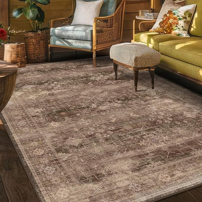 Hazo Haus Boho Taupe Brown 5x7 Living Room Rug - Modern Vintage Traditional Oriental Neutral, Washable Low Pile Non-Slip Large Area Rugs for Nursery Dining Under Table