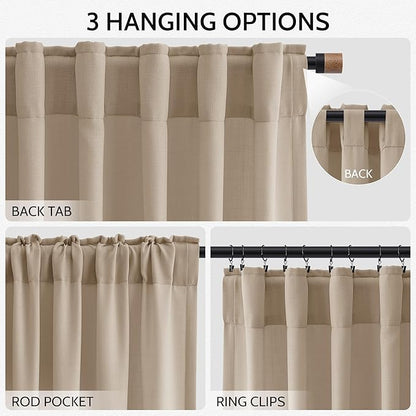 Sepia Beige Linen Curtains 90 Inches Long for Living Room Rustic Farmhouse Decor Light Filtering Semi Sheer Curtain Back Tab Rod Pocket Neutral Modern Luxury Drapes for Bedroom Office 52x90, 2 Panels