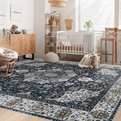 Area Rug 5x7 Washable Rug, Vintage Boho Medallion Rugs Non-Slip Soft Low Pile Large Distressed Rug Indoor Retro Carpet for Living Room Bedroom Dining Room Home Office (Vintage Black, 5'x7')
