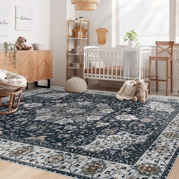 Area Rug 6x9 Washable Rug, Vintage Boho Medallion Rugs Non-Slip Soft Low Pile Large Distressed Rug Indoor Retro Carpet for Living Room Bedroom Dining Room Home Office (Vintage Black, 6'x9')