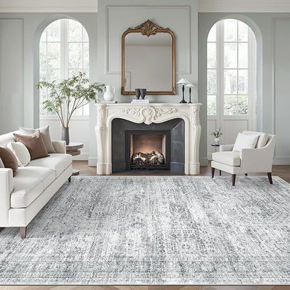 Area Rug 10x12 Vintage Washable Living Room Large Gray Carpet Non Slip Bedroom Indoor Office Dining Room Low Pile Thin Rug Grey