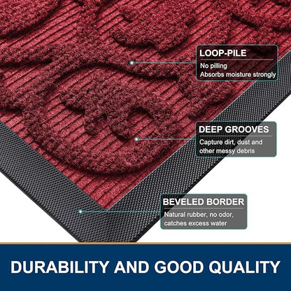 Smiry Welcome Door Mat Outside Entrance, Heavy Duty Trap Dirt and Moisture Easy Clean Low Profile Patio Porch Indoor Outdoor Front Doormat for Entry, 35x23 Inch, Burgundy