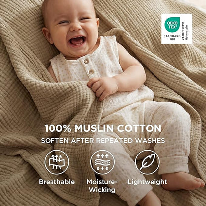 Bedsure 100% Cotton Muslin Throw Blanket Twin XL for Bed - 4-Layer Breathable and Lightweight Thin Soft Summer Gauze Muslin Blankets for Adults, Light Brown, 66x90 Inches