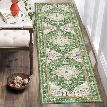 Yamaziot Washable Runner Rug, 2x8 Non-Slip Boho Vintage Hallway Rug Runner with Rubber Backing, Stain Resistant & Low Pile Faux Wool Distressed Carpet Runner for Bedroom, Kitchen, Laundry, Entrance