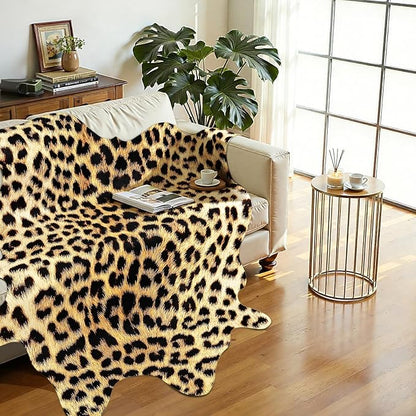 AROGAN Western Decor Faux Fur Leopard Rug, 8 x 10 Feet Premium Animal Skin Leopard Hide Rug, Sturdy Cheetah Print Rugs for Wall Decor, Western Floor Carpet for Bedroom Living Room, Black and Gold