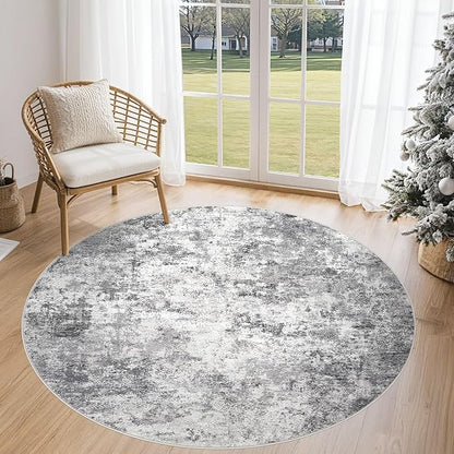 UERMEI 5ft Round Area Rug Living Room Rugs - 5x5 Washable Neutral Modern Abstract Soft Thin Rug Indoor Floor No Slip Rug Carpet for Bedroom Under Dining Table Home Office Decor - Grey