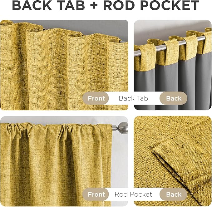 Joydeco Blackout Curtains for Bedroom - 72 Inch Long 100% Light Blocking 2 Panels Set Yellow Drapes, Thermal Insulated Room Darkening Curtains, Linen Textured for Living Room, Rod Pocket & Back Tabs