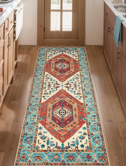 SERISSA Boho Washable Runner Rug, 2x5 Rug Runner Non-Slip Vintage Orange Hallway Kitchen Runner Rug Ultra Soft Print Distressed Tribal Floor Carpet Runner for Bedroom Bathroom Laundry Living Room