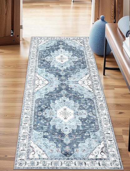 SERISSA Boho Washable Runner Rug, 2x5 Rug Non-Slip Vintage Blue Hallway Kitchen Runner Rug Ultra Soft Print Distressed Floor Carpet for Bedroom Bathroom Laundry Living Room