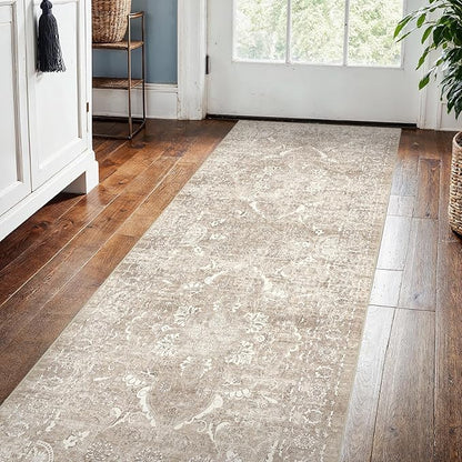 2x5 Washable Hallway Runner Rug - Non Slip Kitchen Runner Rugs with Rubber Backing Vintage Low-Pile Carpet Runners for Entryway Dining Room Laundry Room Home Decor (Beige)