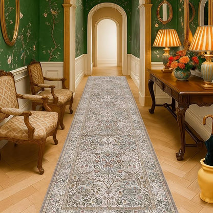Moss 3x12 Extra Long Wide Runner Rug for Hallway, Non Slip Washable, 12 ft Large Kitchen Floor Rugs for Indoor Entrance, Low Pile Stain Resistant Vintage Floral Leaf Carpet