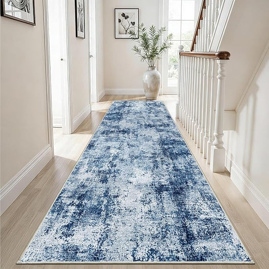3x10 Washable Runner Rug for Hallway: Non Slip Runners Rugs Easy-to-Clean - Soft Living Room Bedroom Kitchen Carpet - Thin Low Pile Printed Floor Mat for Dining Room Blue