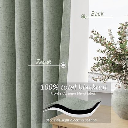Guken 100% Blackout Curtains 96 Inch Length 2 Panels Set for Living Room Bedroom Back Tab Thermal Insulated Black Out Linen Drapes Room Darkening Window Curtains 96 Inches Long,Desert Sage