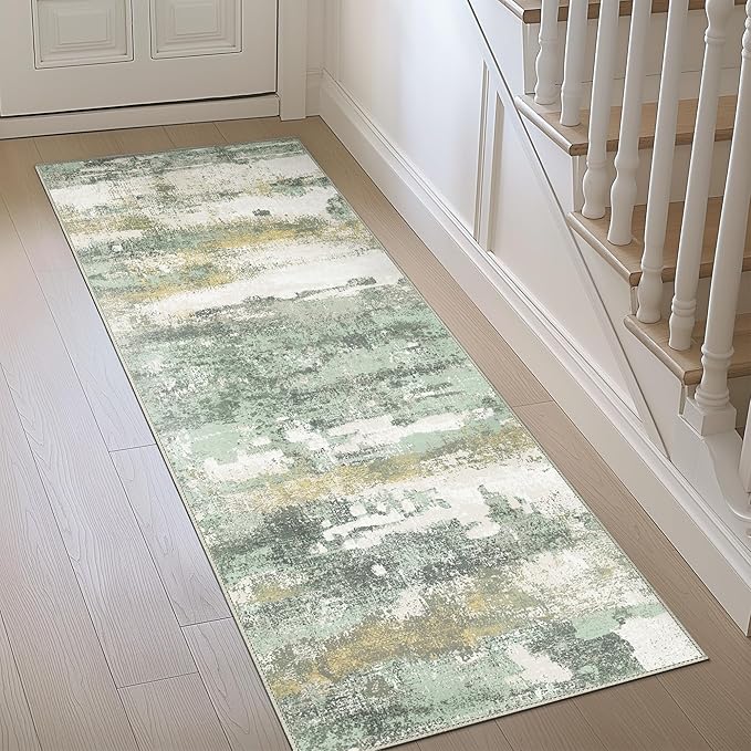 BEIMO Runner Rug for Hallway Kitchen, 2x12 Machine Washable Runners Rug for Entryway, Soft Modern Abstract Throw Rugs, Low Pile Floor Cover with Non Slip Backing, Light Green