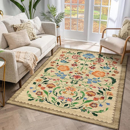 GarveeHome Washable Rug 4x6 Area Rugs for Living Room, Floral Rug for Bedroom, Soft Boho Non Slip Throw Rugs with Rubber Back, Low Pile Stain Resistant Vintage Floral Carpet for Dining Room, Beige