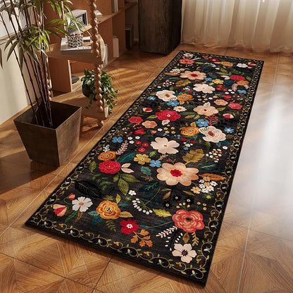 Rugcomf Runner Rug for Hallways Kitchen Rug Non Slip 2'x 6' Washable Runner Rugs with Rubber Backing Soft Floral Carpet Runner for Hallways, Kitchen, Laundry, Bedroom, Bathroom(Black)