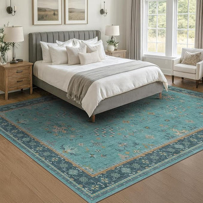Teal 7x10 Large Rug for Living Room, Washable Soft Area Rugs for Bedroom Under Bed, Dining Room, Floral Pattern Vintage Turquoise Décor Indoor, Non Slip Low Pile & Soft Carpet