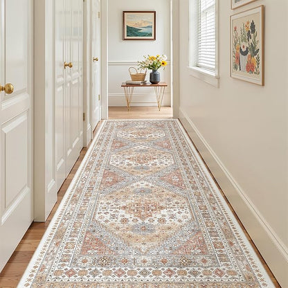 4x12 Runner Rug for Hallway, Low-Pile Wide Runner for Entryway, Long Washable Non-Slip Kitchen Rug, Soft Vintage Home Decor Mat for Living, Laundry Room(Orange,4'x12')
