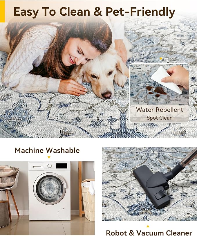 Area Rugs 7ft Washable Non-Slip, Floral Vintage Distress Print Pattern Medallion Carpet for Living Room Bedroom Dining Room, Light Blue Navy Beige Gray White