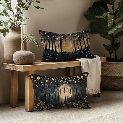 Rustic William Morris Inspired Gold Moon Pillow Covers 12x20 Set of 2,Vintage Black and Gold Moon Forest Botanical Nature Landscape Decorative Throw Pillow Covers for Home Bedroom Living Room