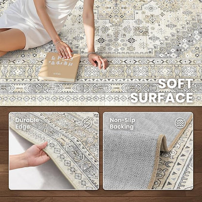 zesthome 7x9 Area Rug, Super Soft Washable Rugs for Living Room, Non-Slip Stain Resistant Vintage Rugs, Ultra-Thin Large Area Rugs (Beige,7'x9')